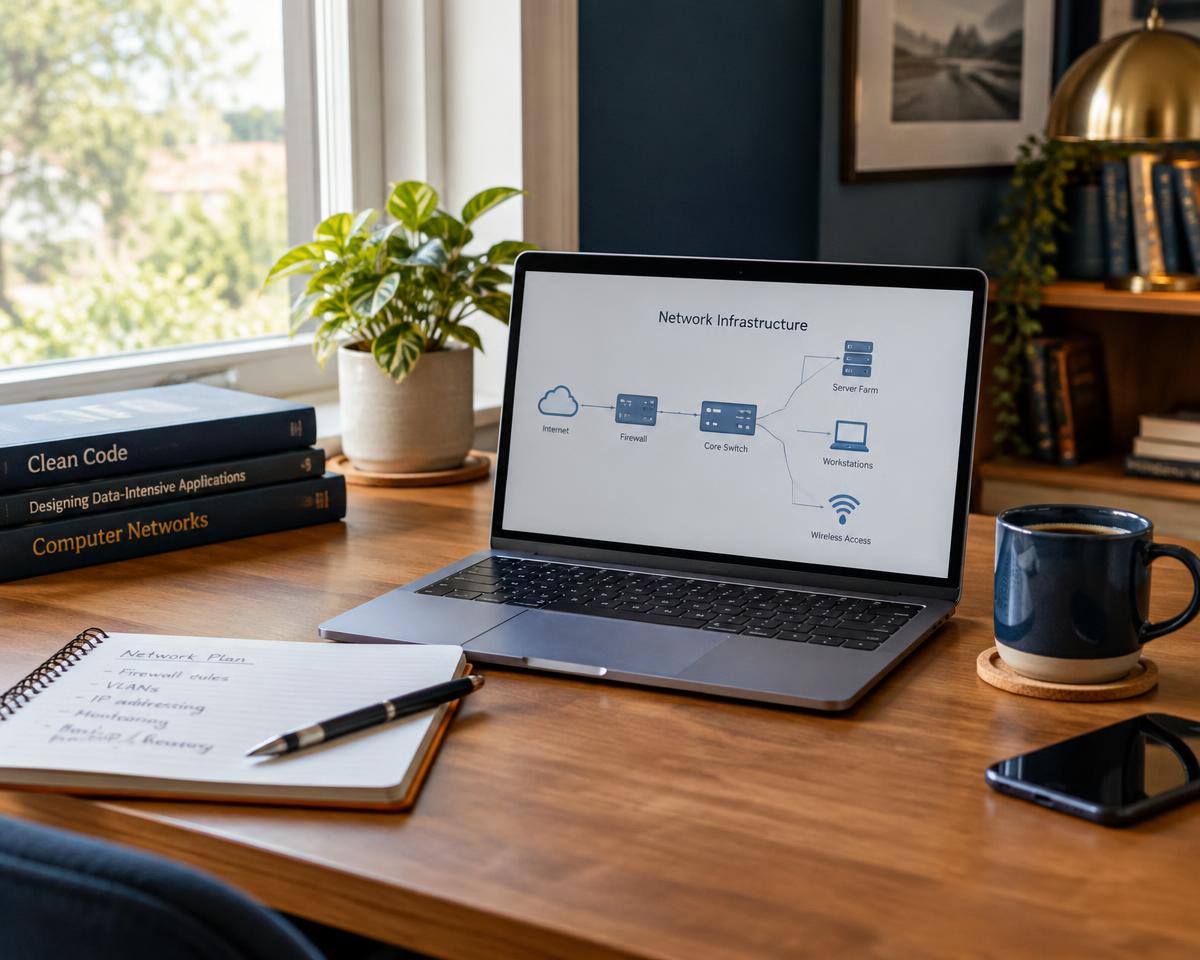 A laptop showing a network diagram on a tidy home study desk